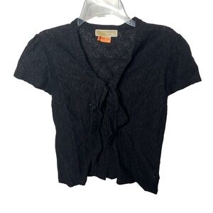 Michael Kors Sz Small Black Short Sleeve Eyelet Button Down Top Blouse Bow Tie